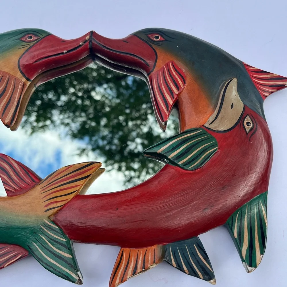Kissing Dolphins Hanging Wall Mirror (circle of three) Hand Carved & Painted